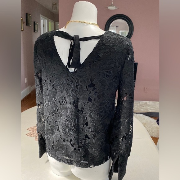 HALOGEN Long Sleeve Lace Top Woman French Style Lace Blouse Black Sz S - Picture 5 of 14